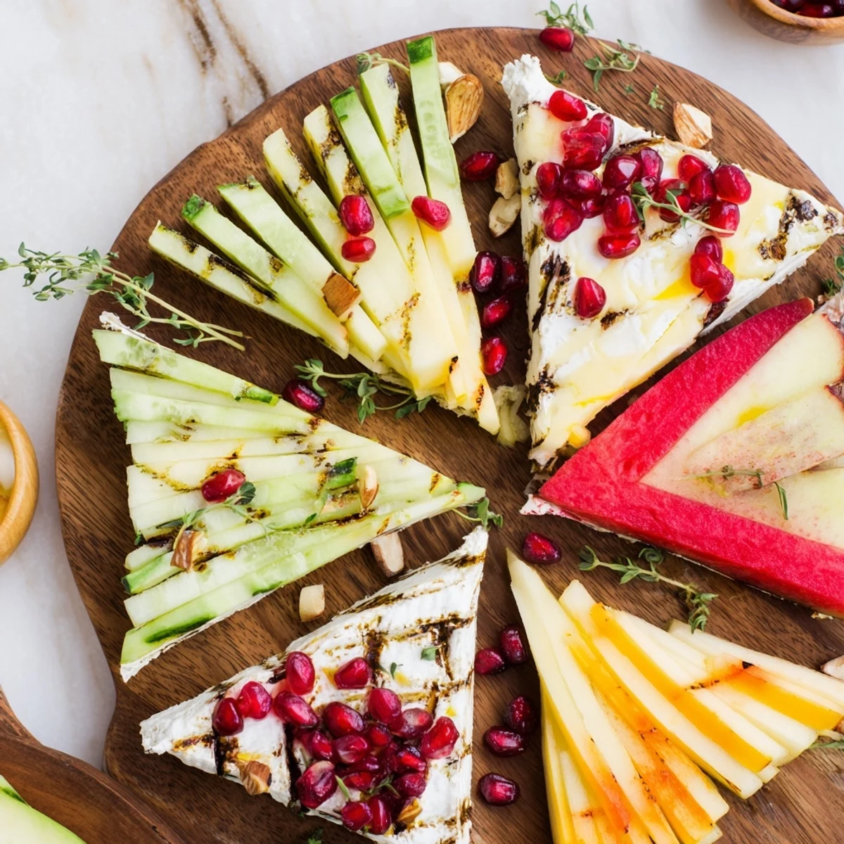 Freshly arranged The Tessellation Triangle, an elegant appetizer featuring colorful fruit and cheese triangles.