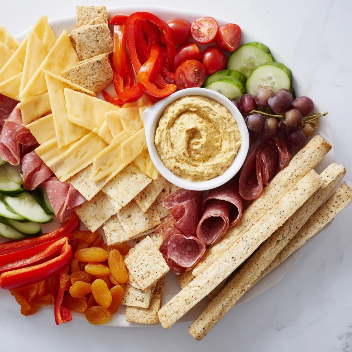 Arrowhead Charcuterie Board: A visually enticing spread of cheeses, meats, and fruits angling toward a creamy dip.