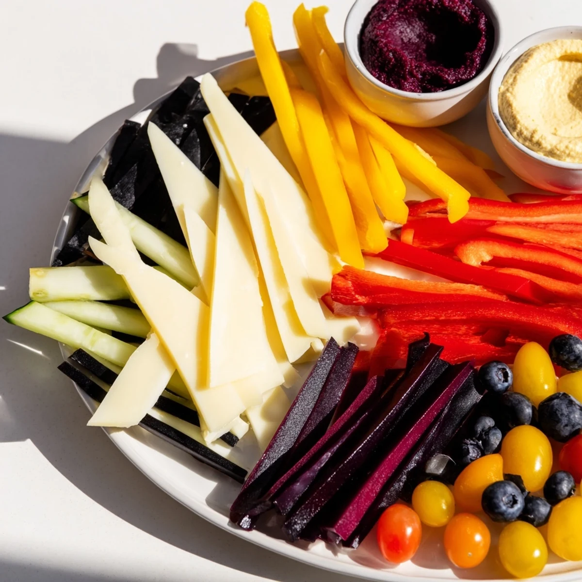 Zig-Zag Lightning Strike appetizer with vibrant veggies, cheeses, and dips arranged for sharing.