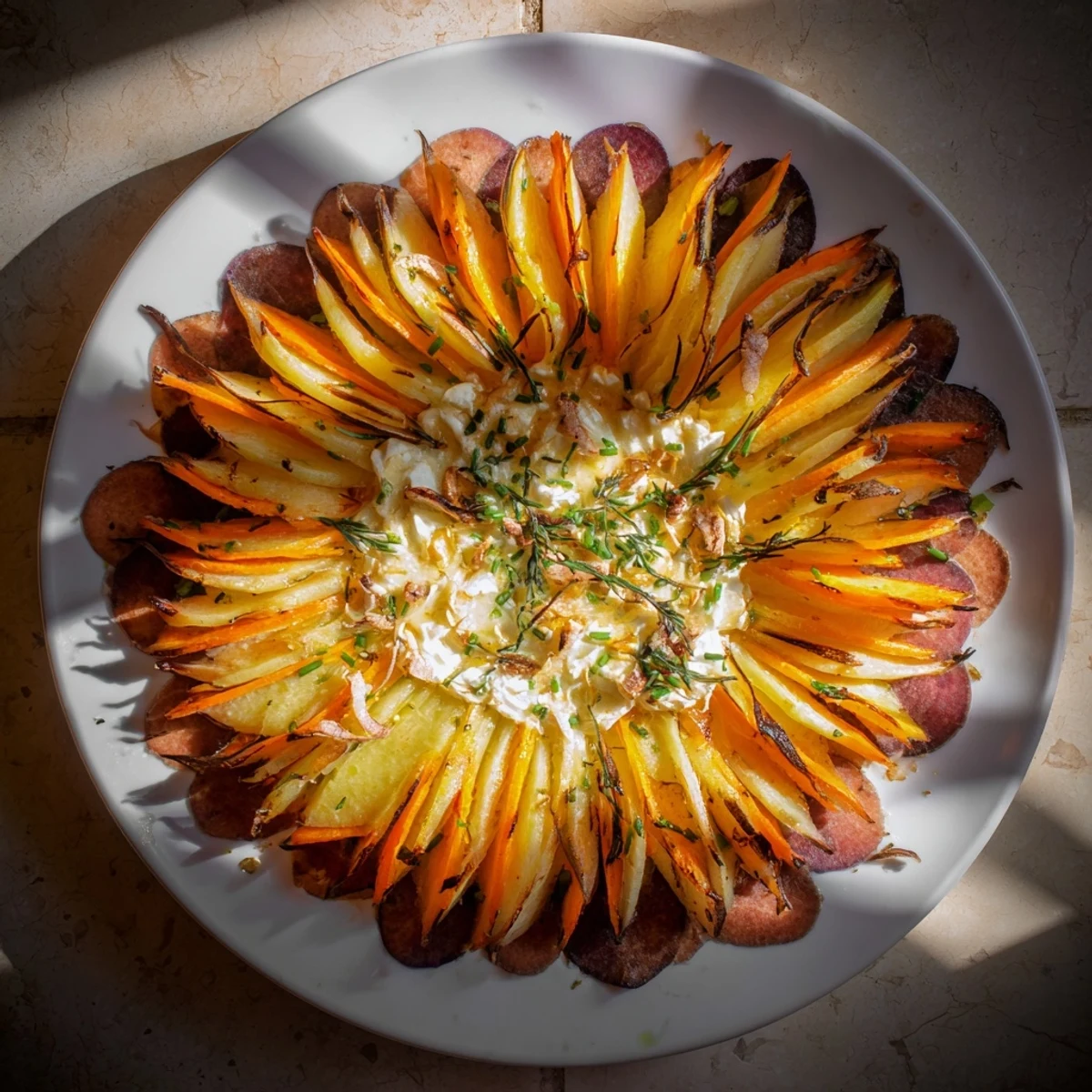 Arranged perfectly, the Radial Symmetry Sunburst salad showcases colorful sliced vegetables and creamy cheese.