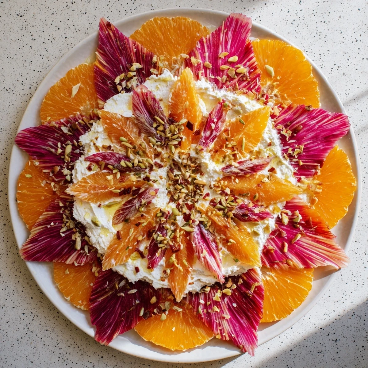 Vibrant and elegant, this Radial Symmetry Sunburst salad presents an eye-catching vegetarian appetizer or salad option.