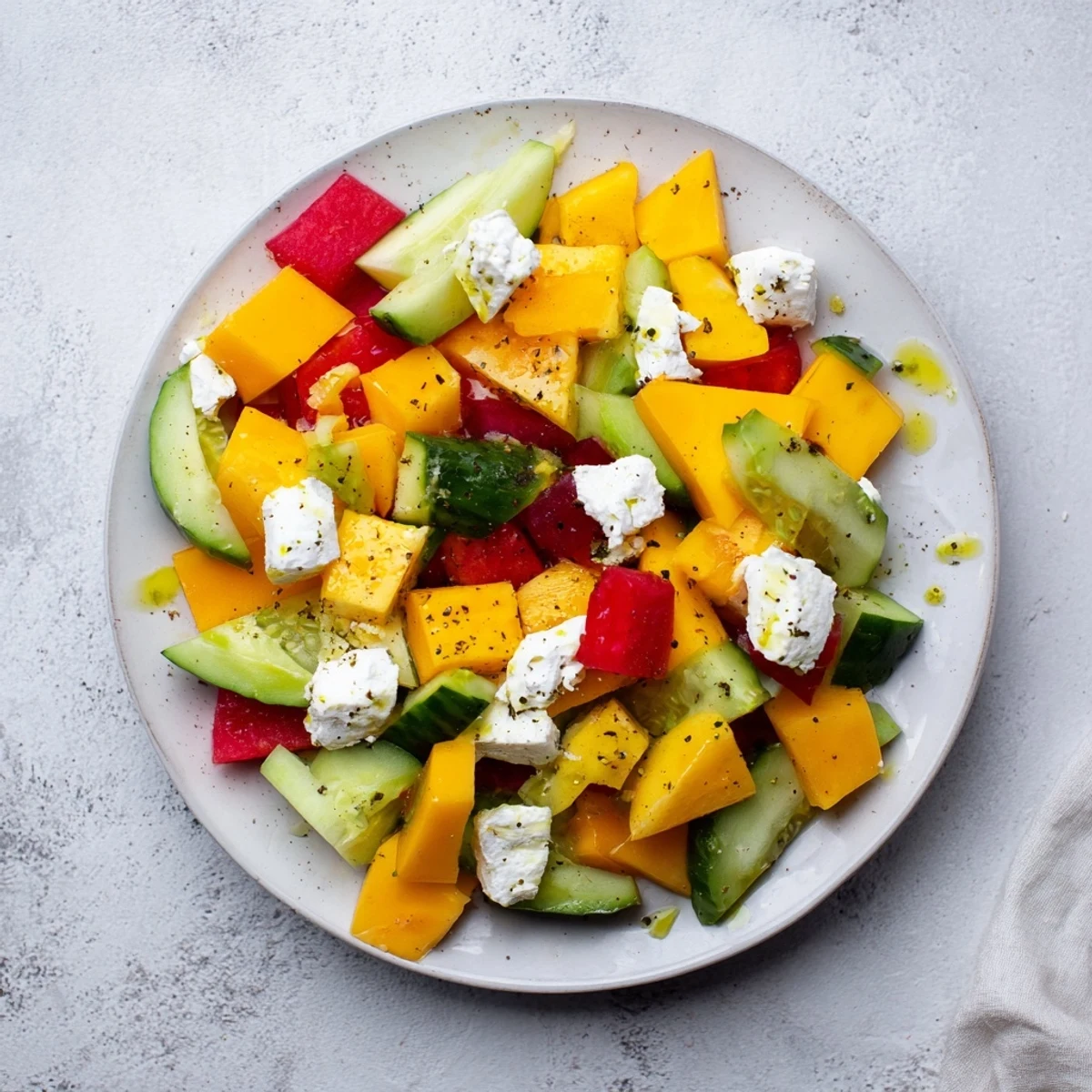 Vibrant Cube Geometry Study salad, featuring a colorful grid of cubed fruits, vegetables, and feta.