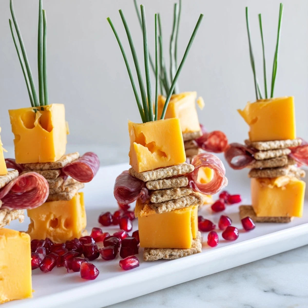 Layered Urban Skyline appetizer with colorful cheeses, meats, and chives creating a striking food presentation.