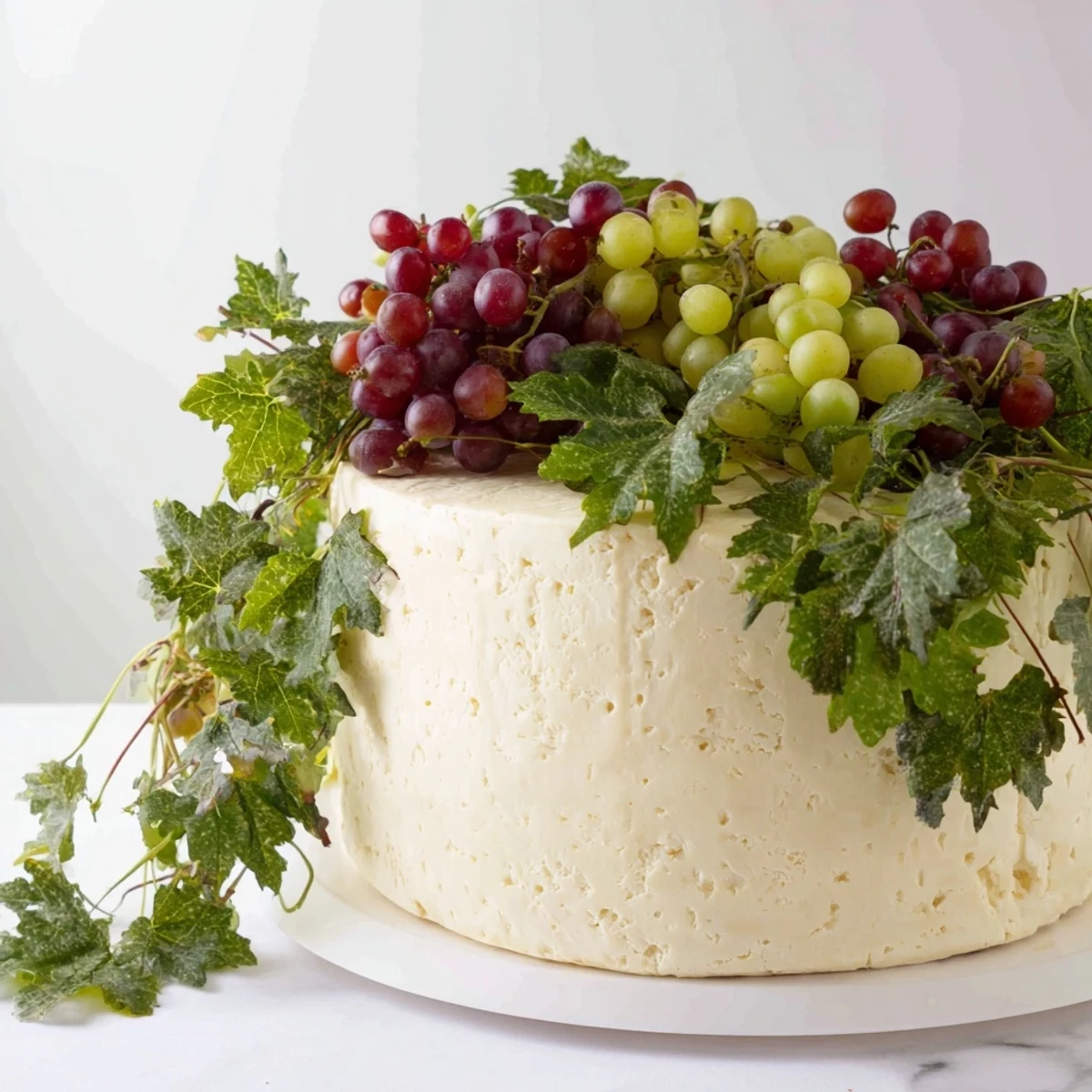 A stunning The Rustic Vineyard cheese board displays grapevine-covered wheels with ripe green grapes.