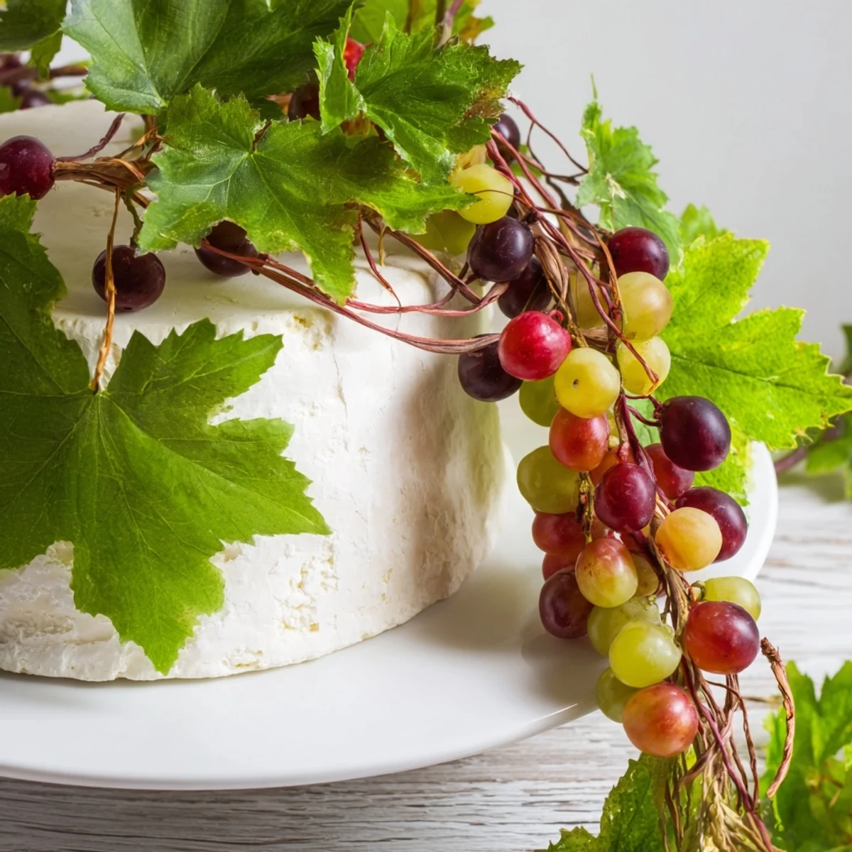 Vivid close-up shows The Rustic Vineyard: unfinished cheese adorned with fresh grapes and grapevines.