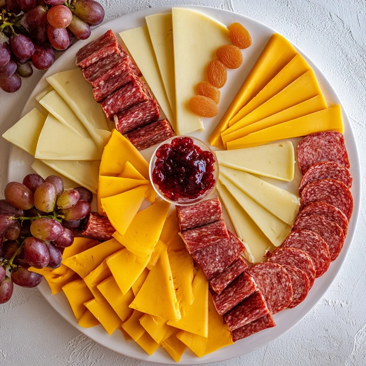 A stunning photo of The Geometric Gala charcuterie board, with cheeses and meats artfully arranged.