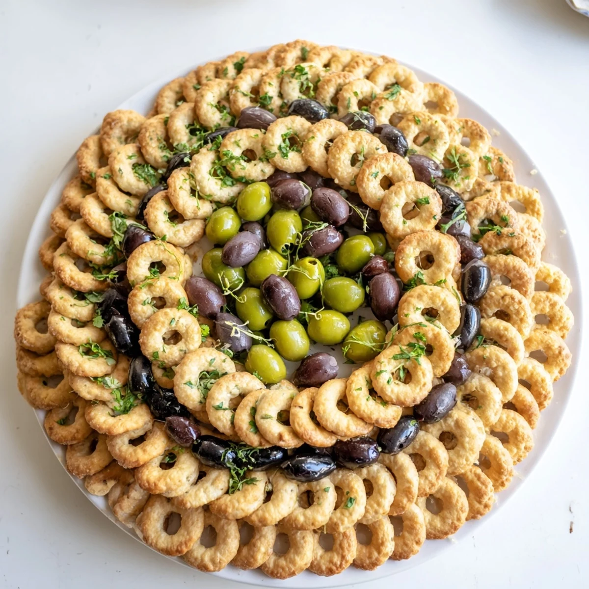 The Roman Colosseum snack platter features crunchy crackers forming a delicious, edible arena for olives.
