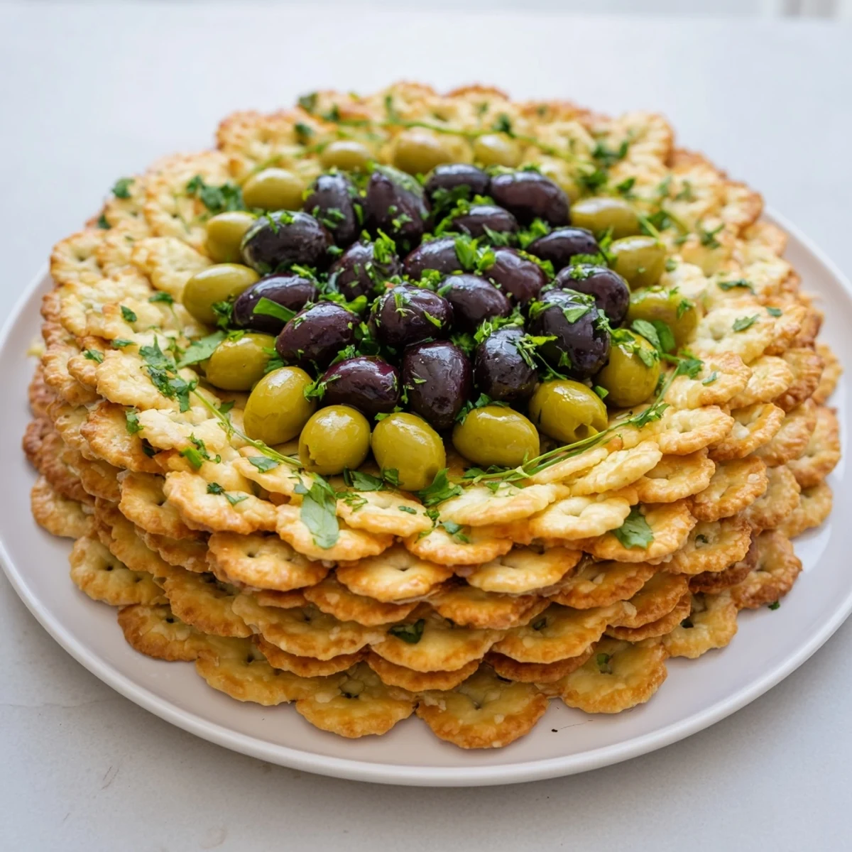 A colorful Roman Colosseum snack platter: olives stand in the center, encircled by crisp cracker "seating".