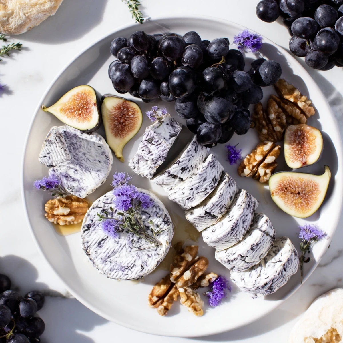 A beautifully arranged Lavender Haze cheese platter with vibrant grapes, figs, and candied nuts.