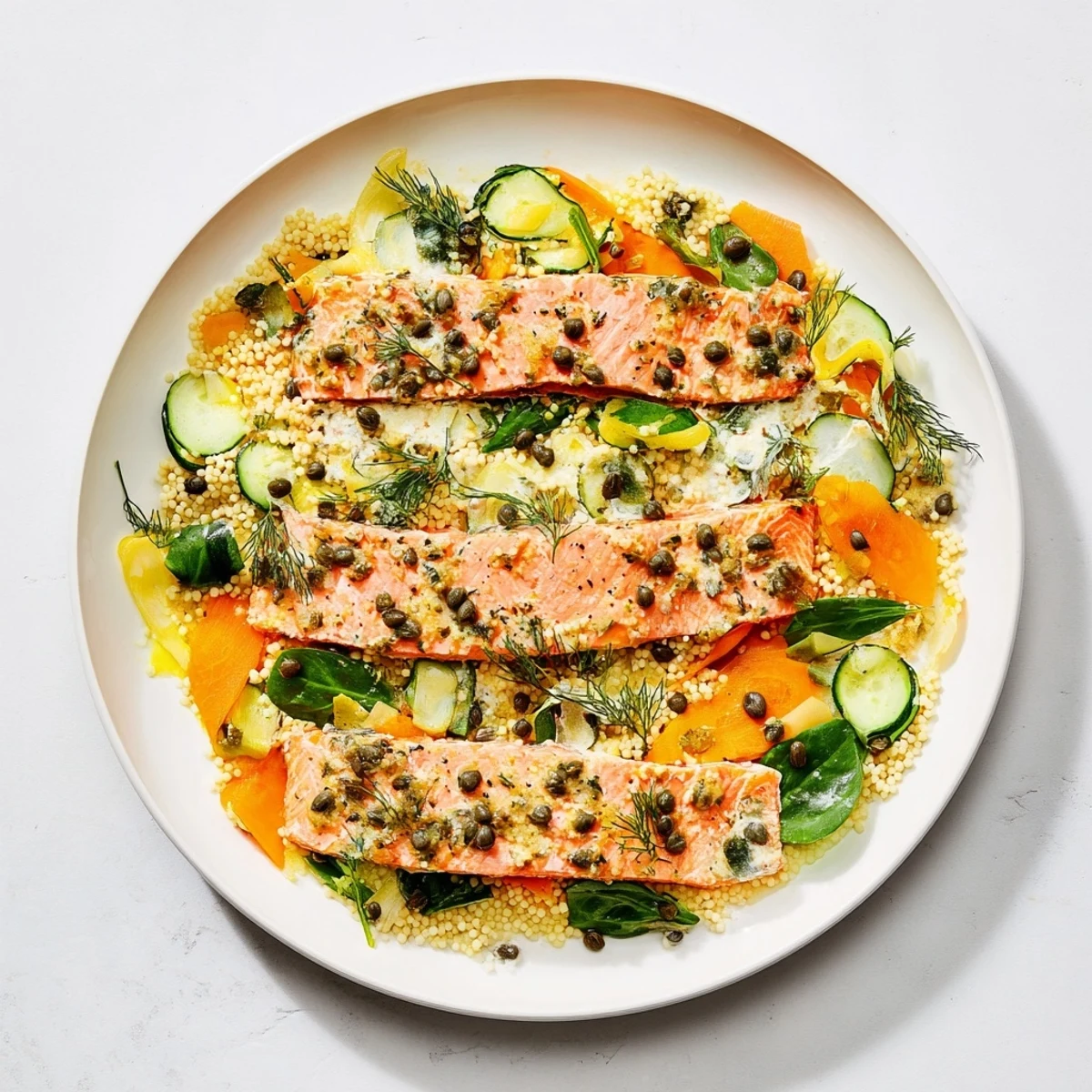 Elegant presentation of The Infinity Loop Flow, salmon and vegetables artfully arranged for serving.