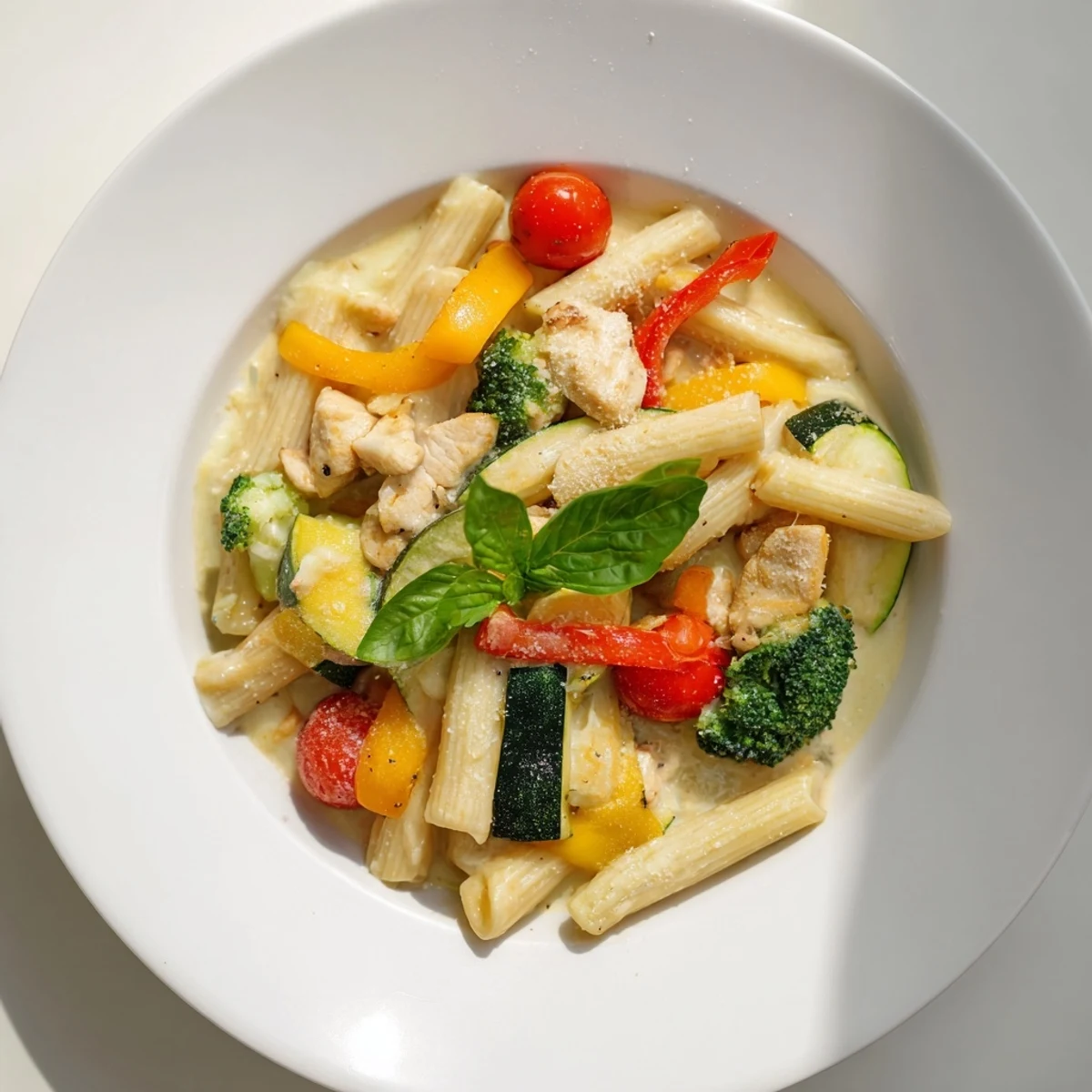 Vibrant 5-4-3-2-1 Pasta Primavera, featuring colorful veggies and tender chicken, ready to enjoy.