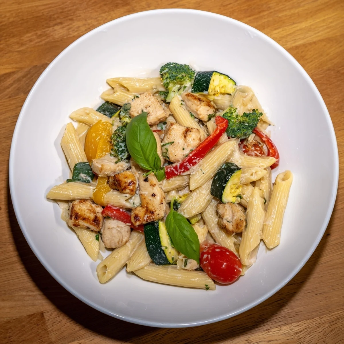 A steaming plate of 5-4-3-2-1 Pasta Primavera, a delicious pasta dish with fresh basil.