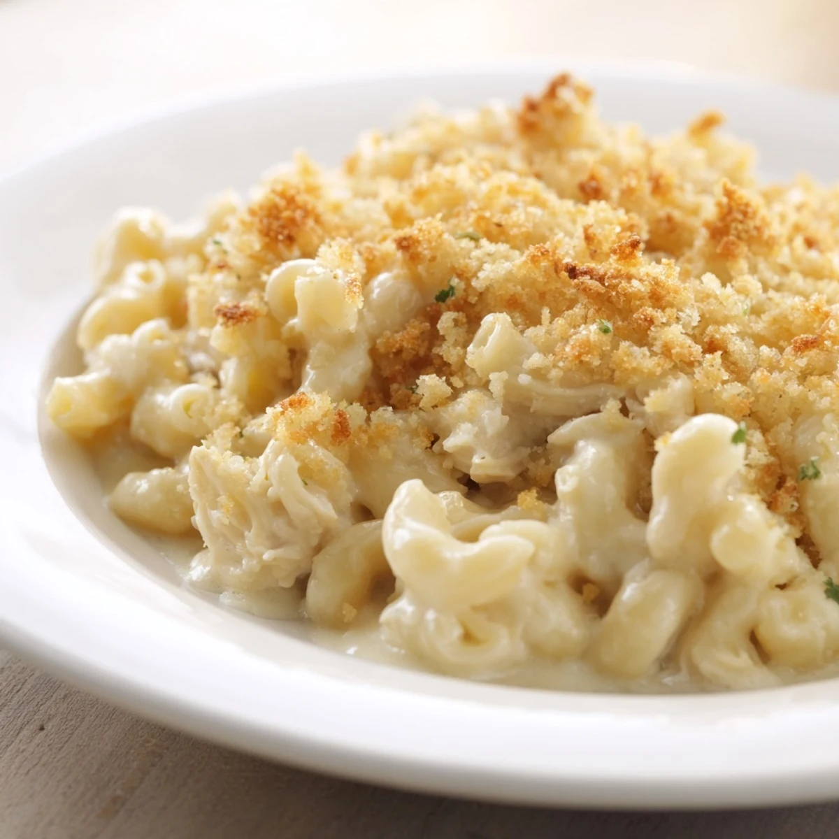 Steaming hot Struggle Meal Chicken Macaroni, layered with bubbly cheese, is a classic comfort food.
