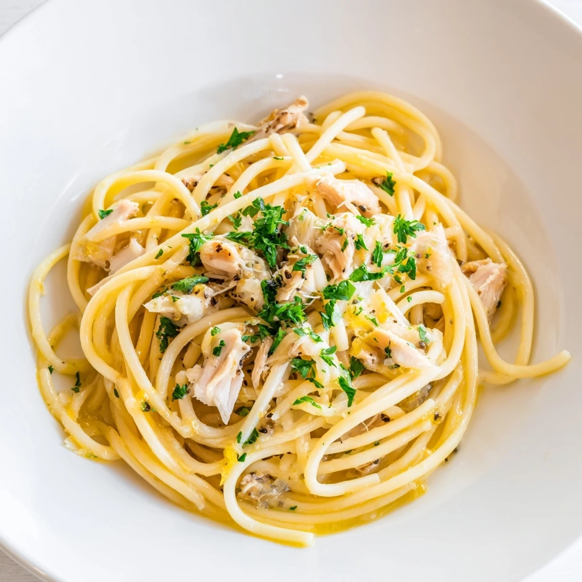 Tender shredded chicken tops the Simple Garlic Butter Bucatini, a quick and delicious Italian meal.