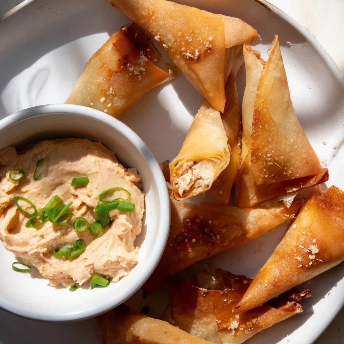 Close-up of freshly air-fried lumpia chips, perfect for scooping up the savory chicken dip.