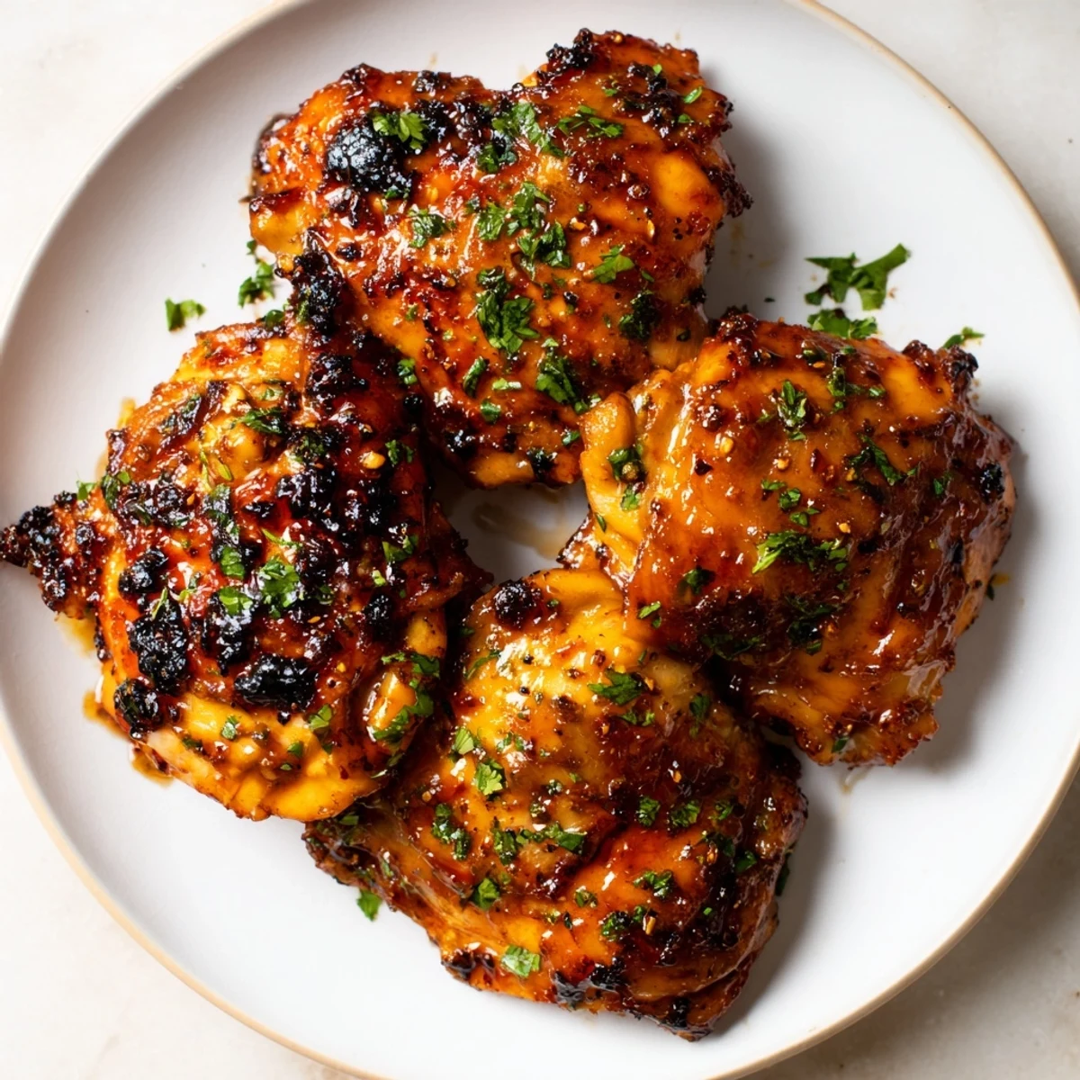 Jam in Coffee Glazed Chicken: Golden chicken thighs with a glistening, caramelized apricot glaze, ideal served with potatoes.