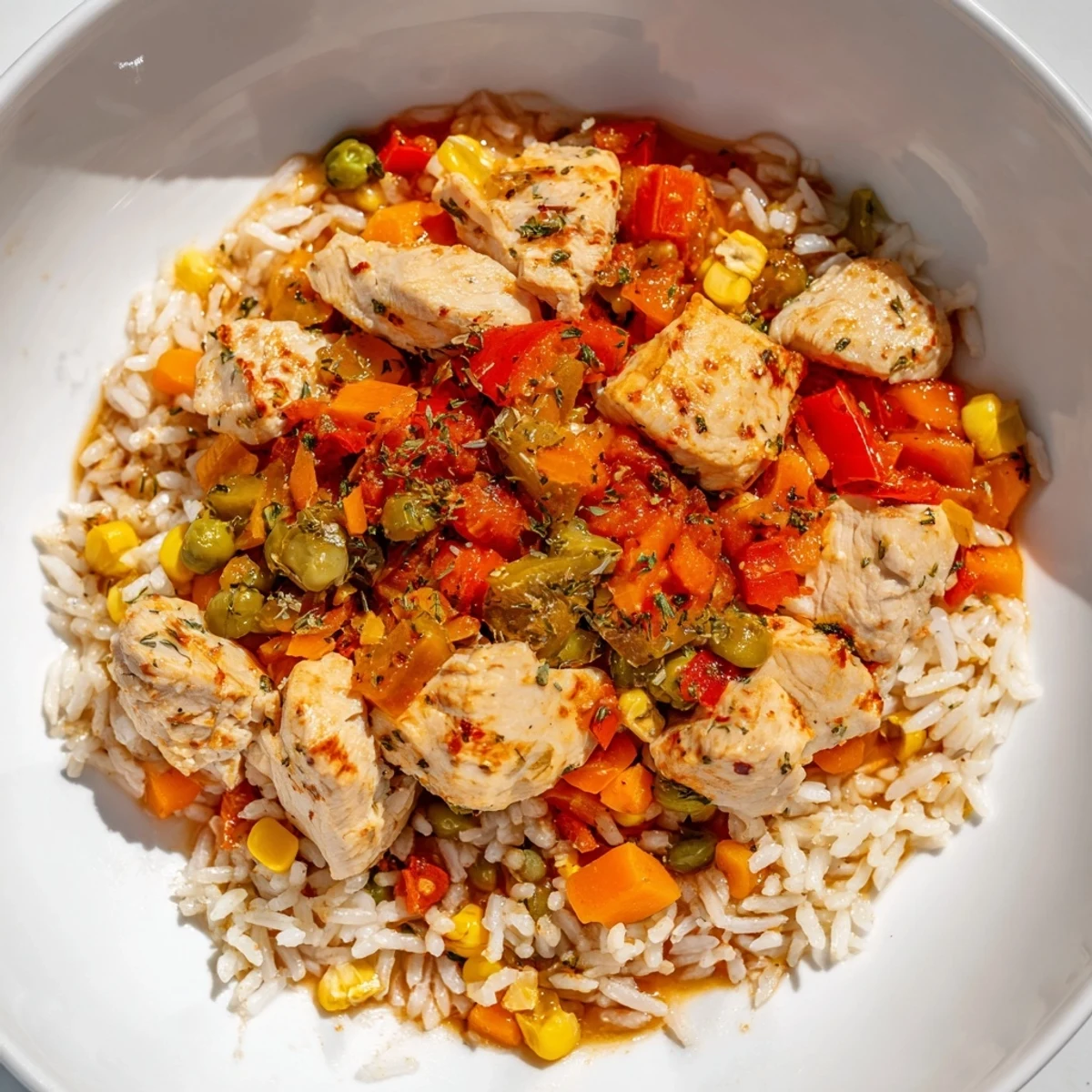 Steaming One-Pot Chicken and Rice sizzling, with tender chicken and fluffy rice, an easy dinner.