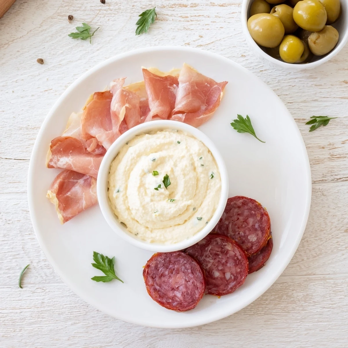 A beautiful Compass Rose appetizer features an array of meats surrounding a creamy dip.