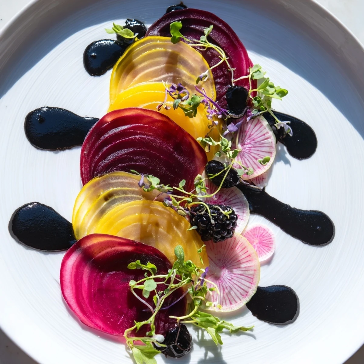 Delectable Shadow Play dish featuring vibrant beets, dark olives, and blackberries, ready to serve.