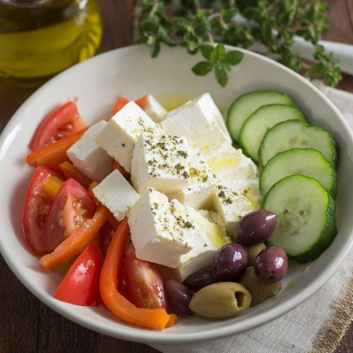 Vibrant Sun-Drenched Patio mezze platter showcasing fresh feta, colorful veggies, and creamy hummus for serving.