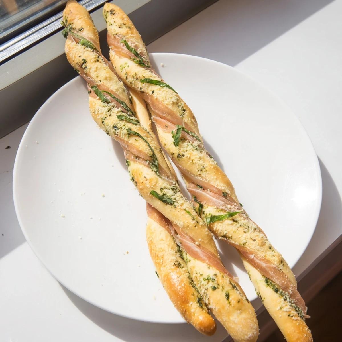 Golden Gate appetizer: Crispy breadstick towers with savory prosciutto draped between them, ready to enjoy.