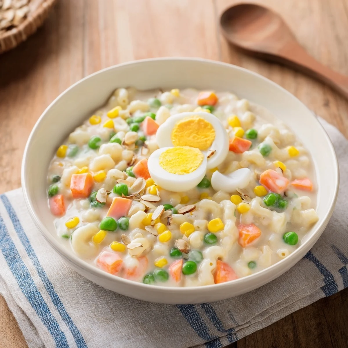 Steaming bowl of Ramen Upgrade with Frozen Peas, garnished with green onions and a perfectly poached egg.