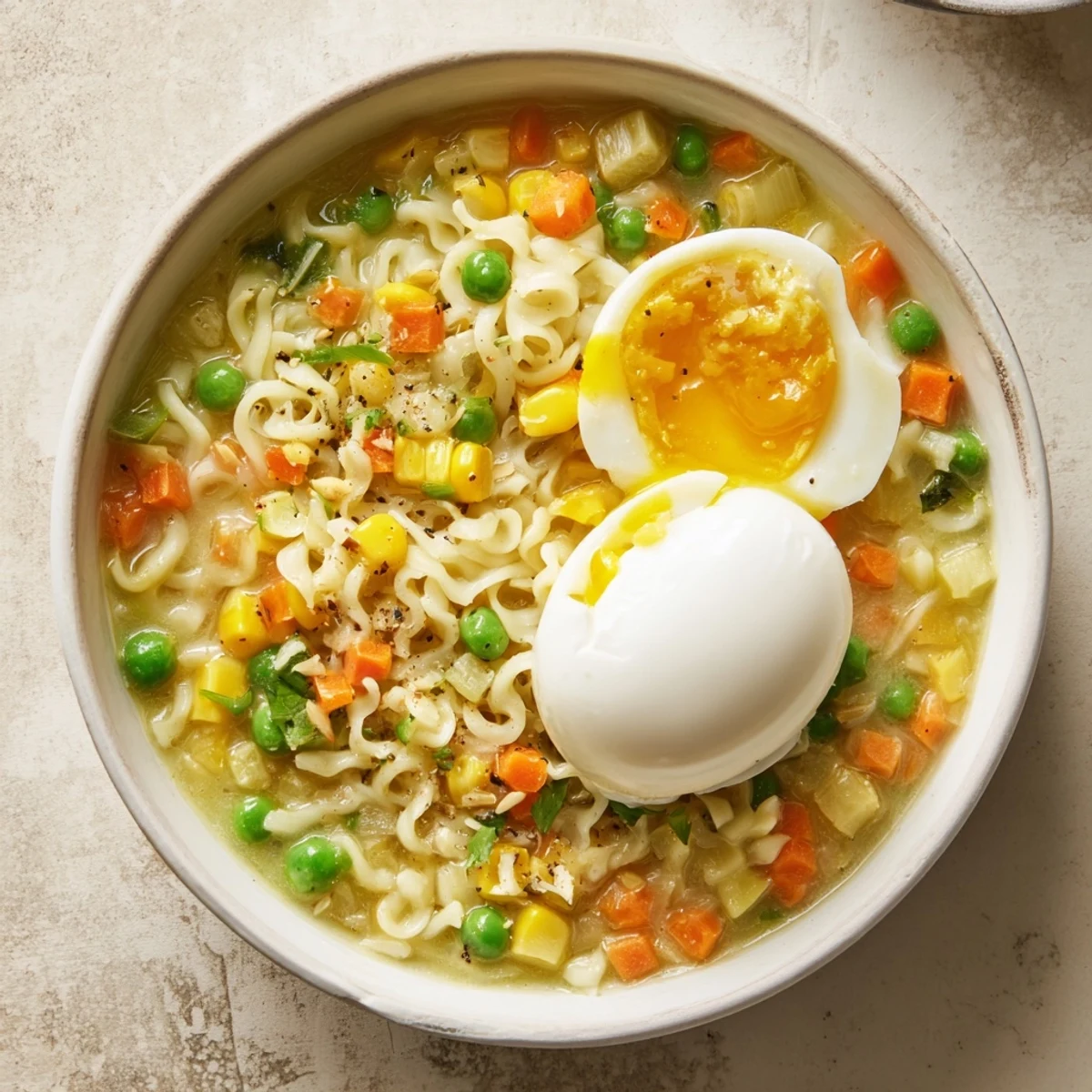 A vibrant close-up of the flavorful Ramen Upgrade with Frozen Peas, ready to be enjoyed as a hearty meal.