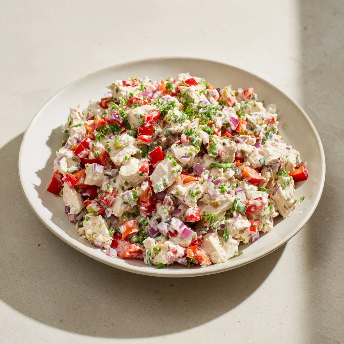 Creamy canned chicken salad with vibrant red peppers and Mrs. Dash, ready to eat!