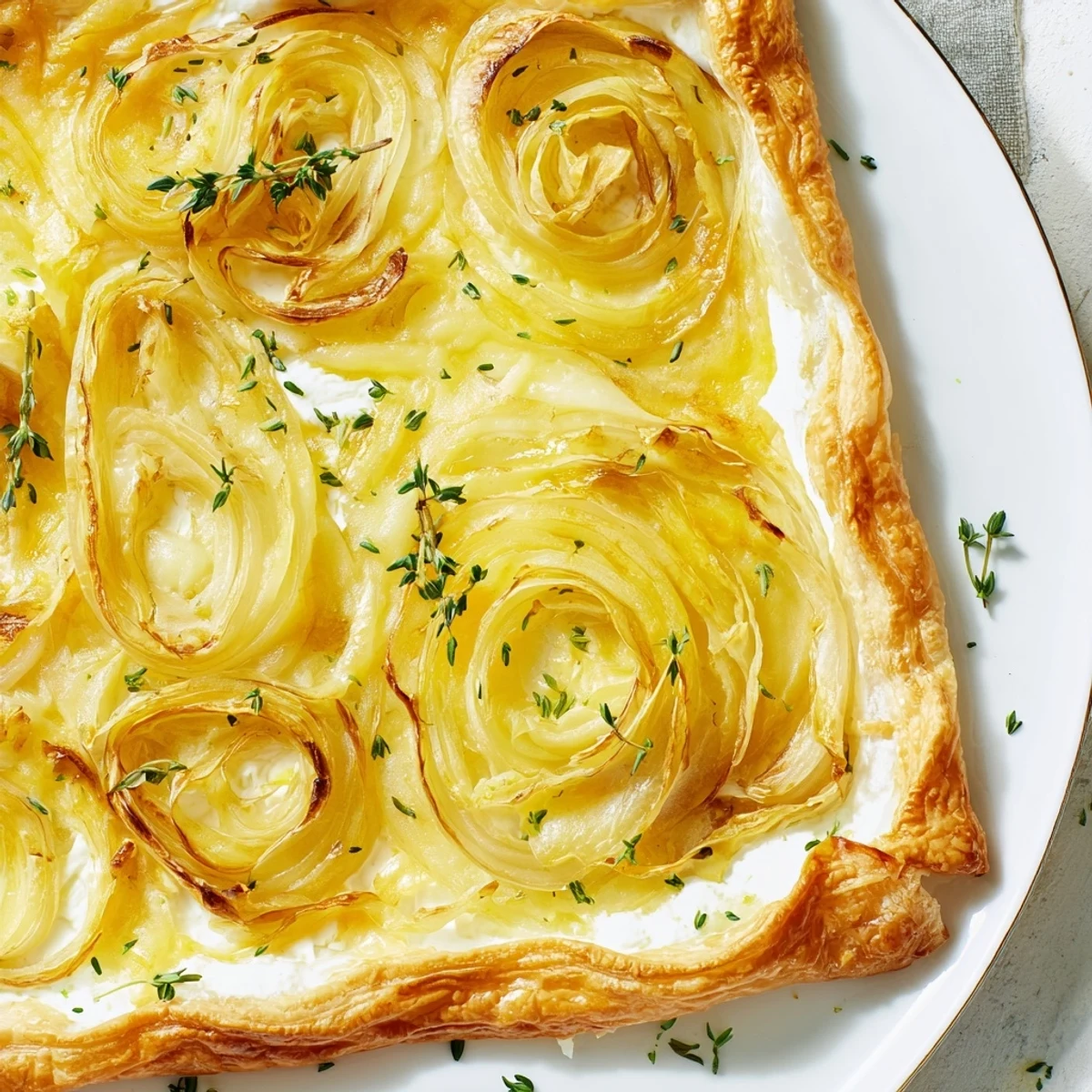 Golden, bubbling Caramelized Onion Tart with flaky pastry, ready to be sliced and served.