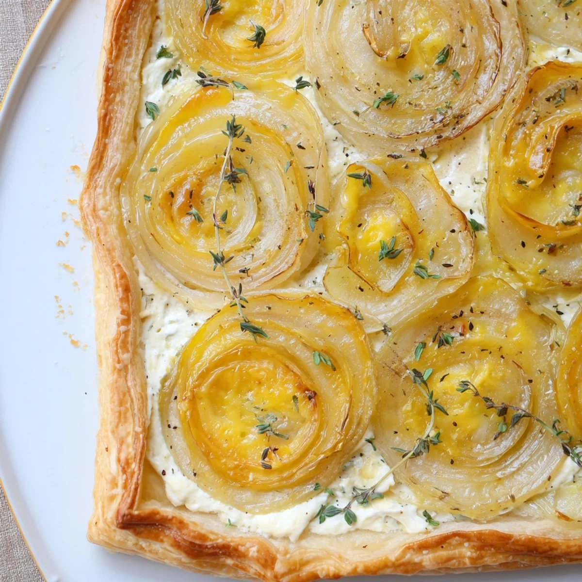 A close-up of a rustic Caramelized Onion Tart, showcasing caramelized onions and Gruyère cheese.