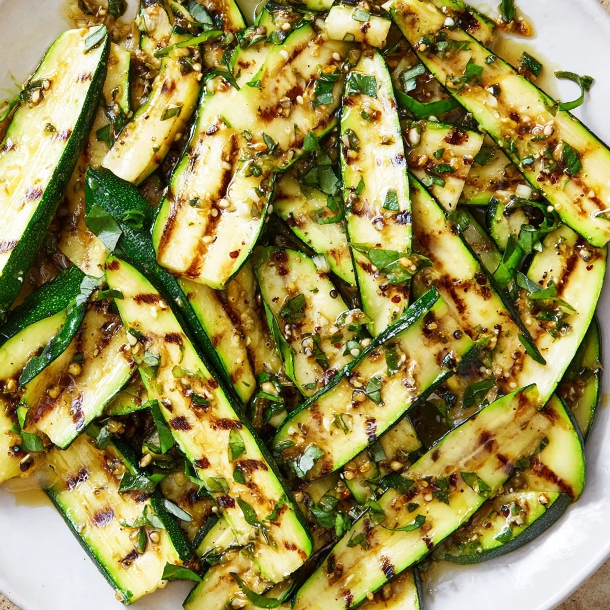 Delicious Garlic Herb Grilled Zucchini, showcasing vibrant grill marks and fresh herbs on a platter.