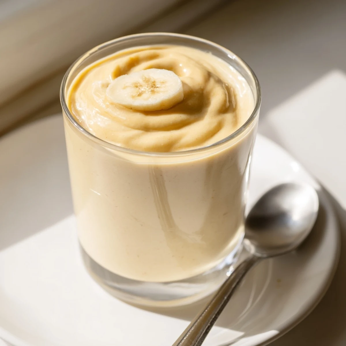 Creamy peanut butter banana smoothie, thick and swirled, ready for a refreshing morning drink.