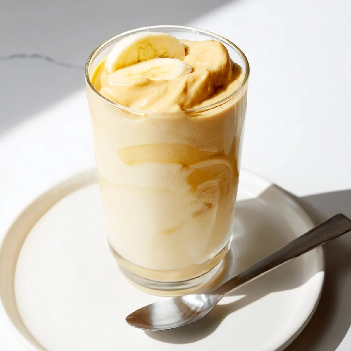 A vibrant picture of a peanut butter banana smoothie, showing the perfect blend of ingredients.