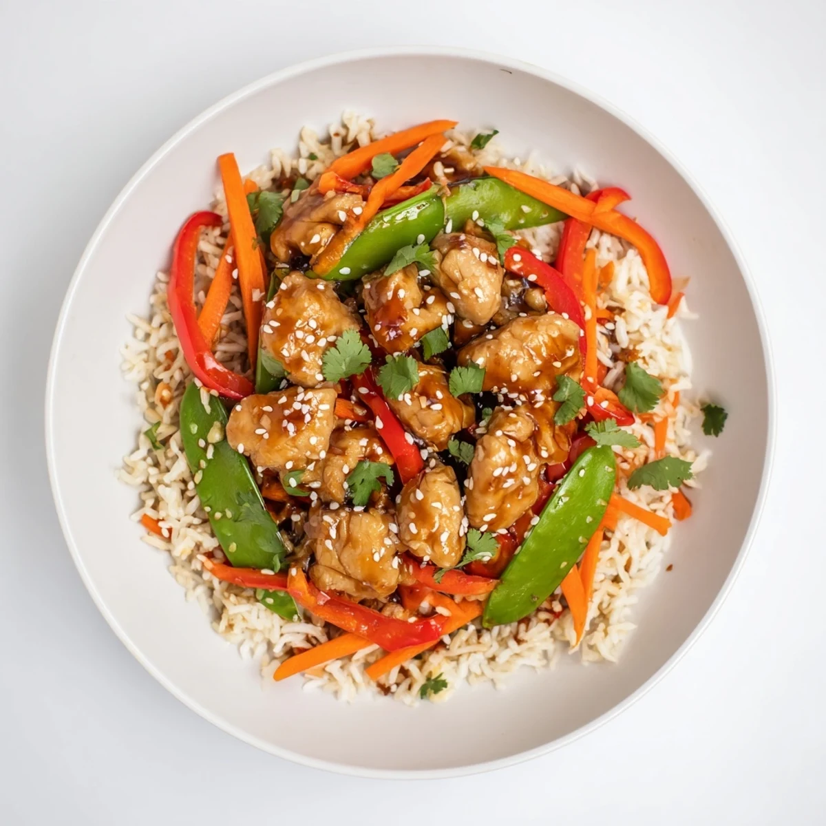 A flavorful Sesame Ginger Rice Bowl showcases tender chicken, colorful vegetables, and a savory sauce.