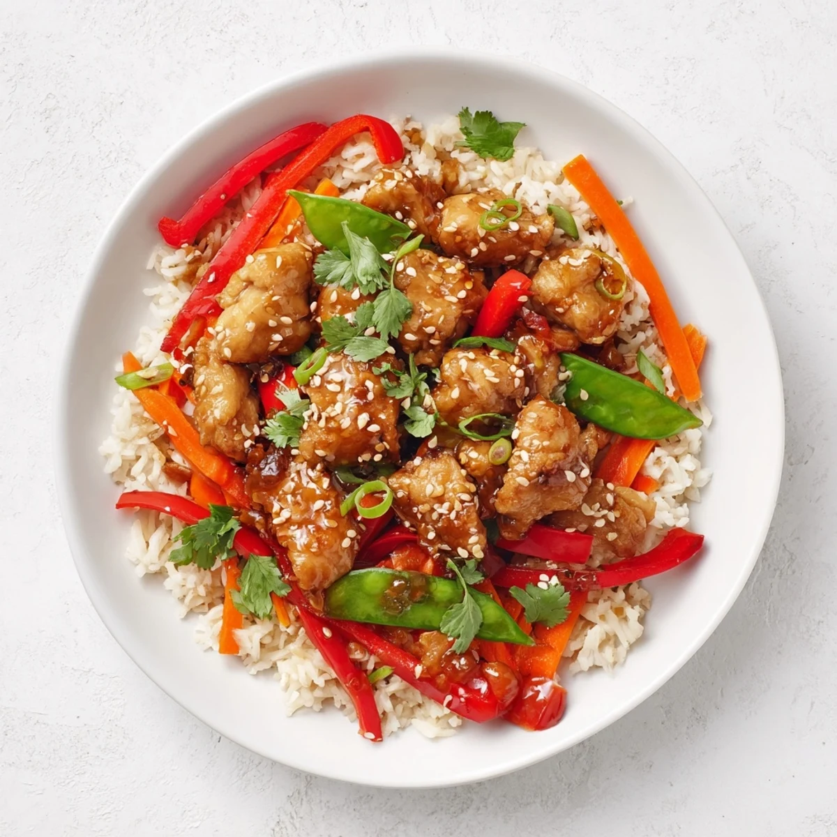Golden chicken atop vibrant Sesame Ginger Rice Bowl, garnished with fresh cilantro and sesame seeds.