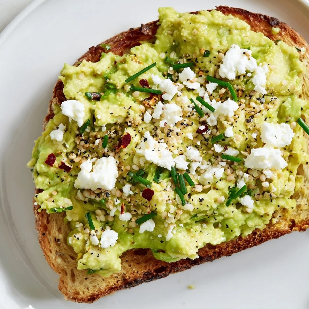 Vibrant image details Avocado Toast with Everything; creamy avocado spread on toasted bread, sprinkled with flavorful seasoning.
