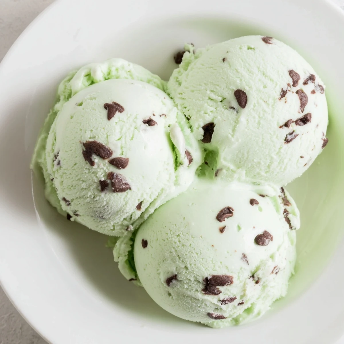 Creamy homemade Mint Chocolate Chip Ice Cream, swirled with dark chocolate chips, ready to scoop.