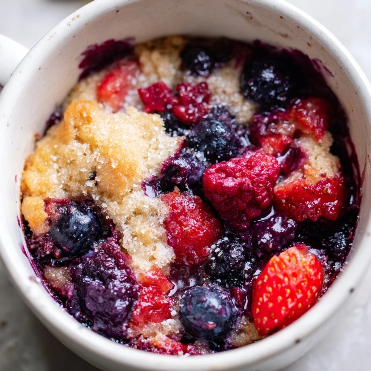 Golden, bubbly Mixed Berry Cobbler Mug Cake, filled with vibrant berries, ready to spoon!