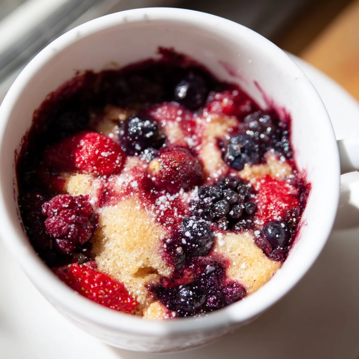 Microwaved Mixed Berry Cobbler Mug Cake bubbling over with fresh berries, a quick dessert.