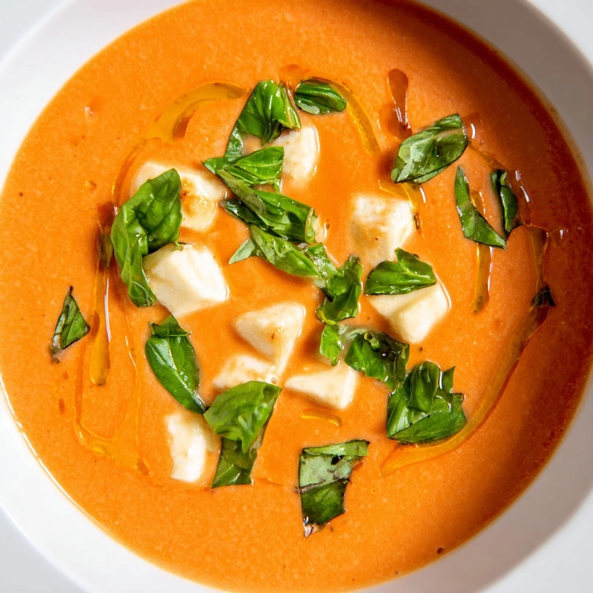 Creamy Tomato Mozzarella Soup: A warm, inviting bowl of creamy soup with melted mozzarella and fresh basil.