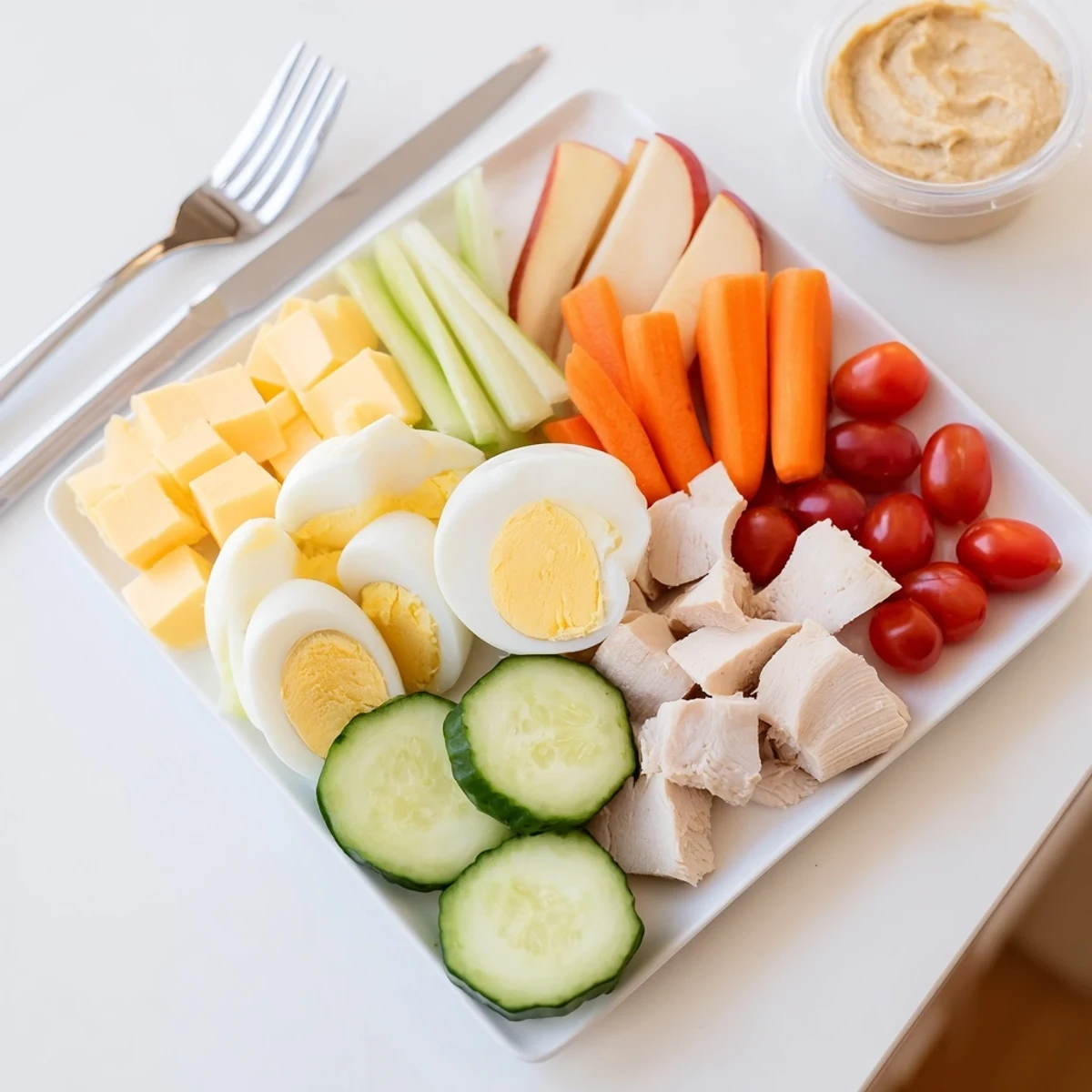 Vibrant protein snack boxes filled with chicken, eggs, and fruit, ready for a healthy lunch.