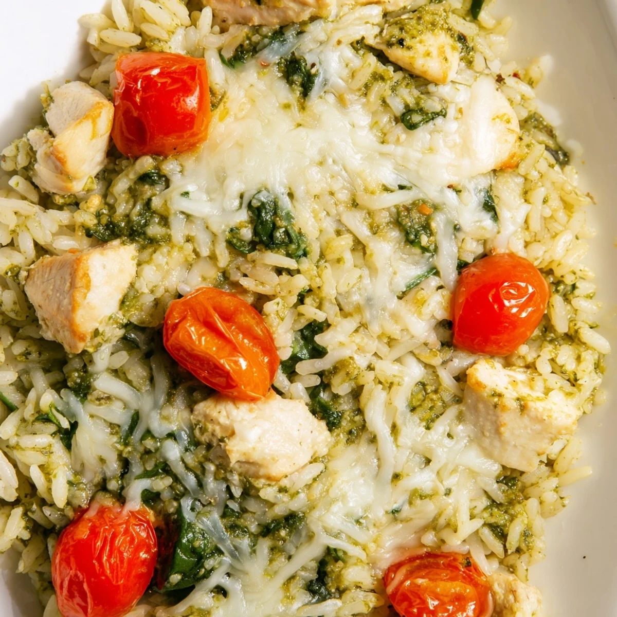 Golden, bubbly Chicken Pesto Rice Bake with melted cheese, promising a comforting, flavorful Italian-inspired dinner.