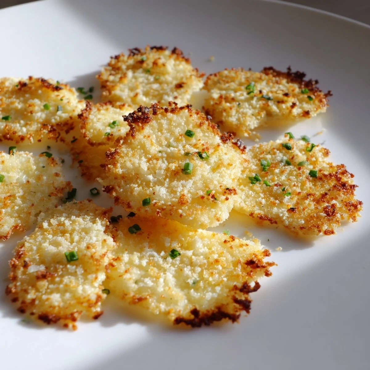 A close-up of baked, crispy Cottage Cheese Chips: round, golden snacks seasoned with herbs, ideal for high-protein snacking.