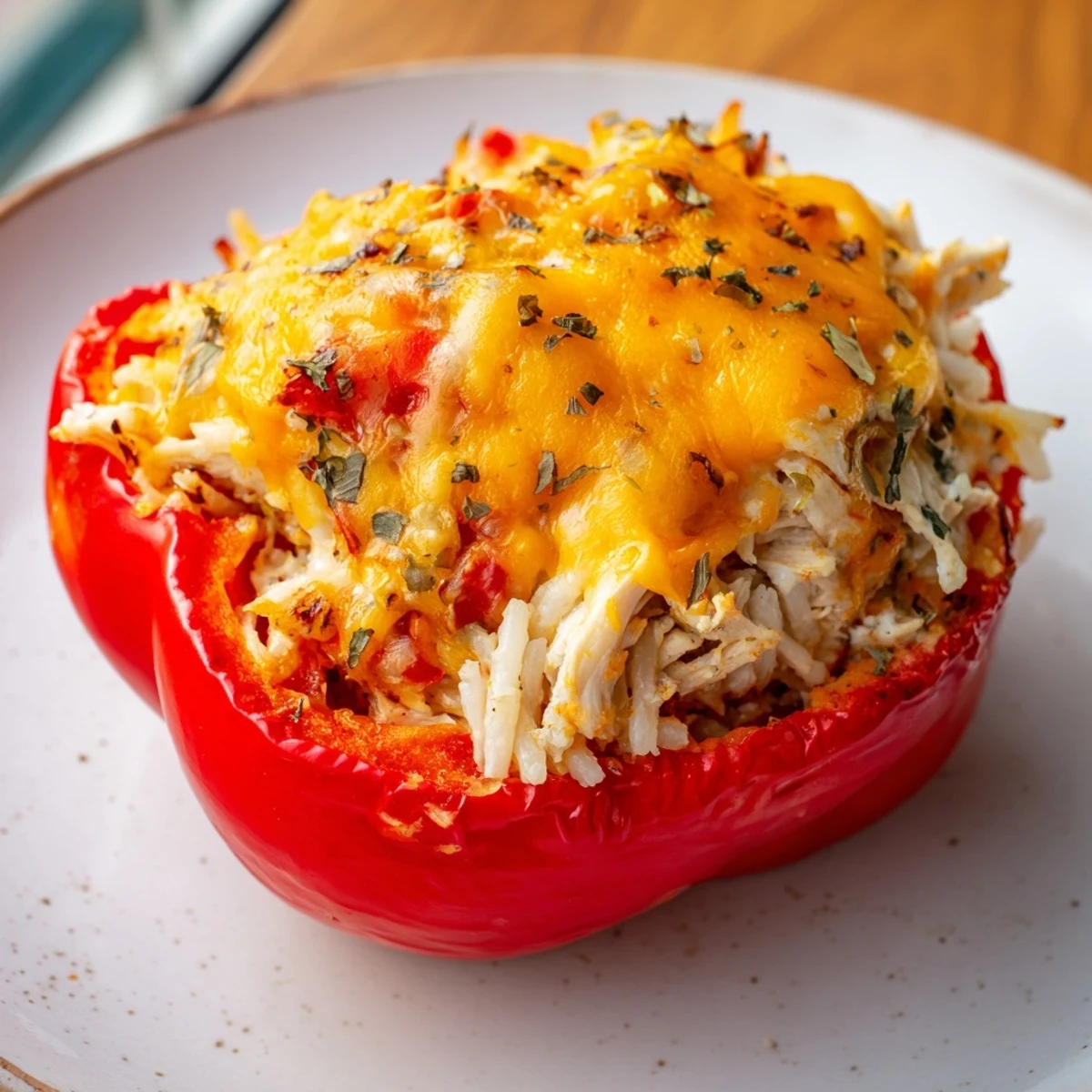 Up close, cheesy goodness: freshly baked Cheesy Chicken Stuffed Peppers with tender chicken and rice inside.