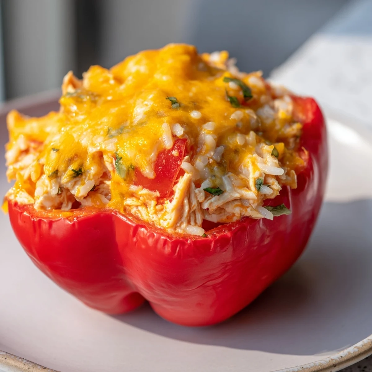 Steaming hot, savory Cheesy Chicken Stuffed Peppers, baked to tender perfection with melty cheese on top.
