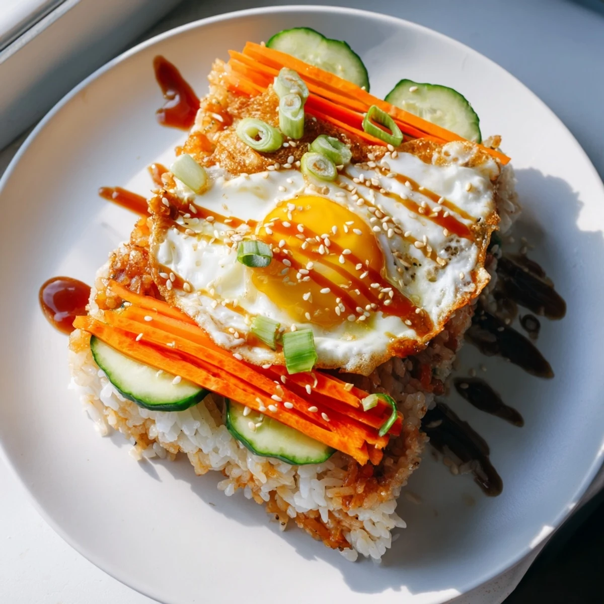 Enjoy a visually appealing crispy egg rice bowl: a delightful Asian-inspired meal with fresh ingredients.