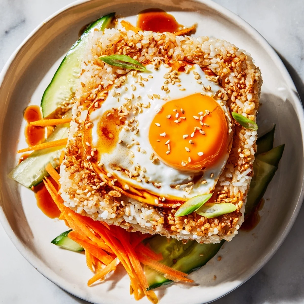A close-up of a crispy egg rice bowl, showcasing golden rice and a beautifully fried egg.