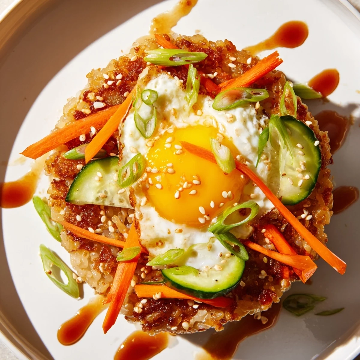 Golden, crispy egg rice bowl with a runny yolk, colorful veggies, and savory sauce drizzled over.