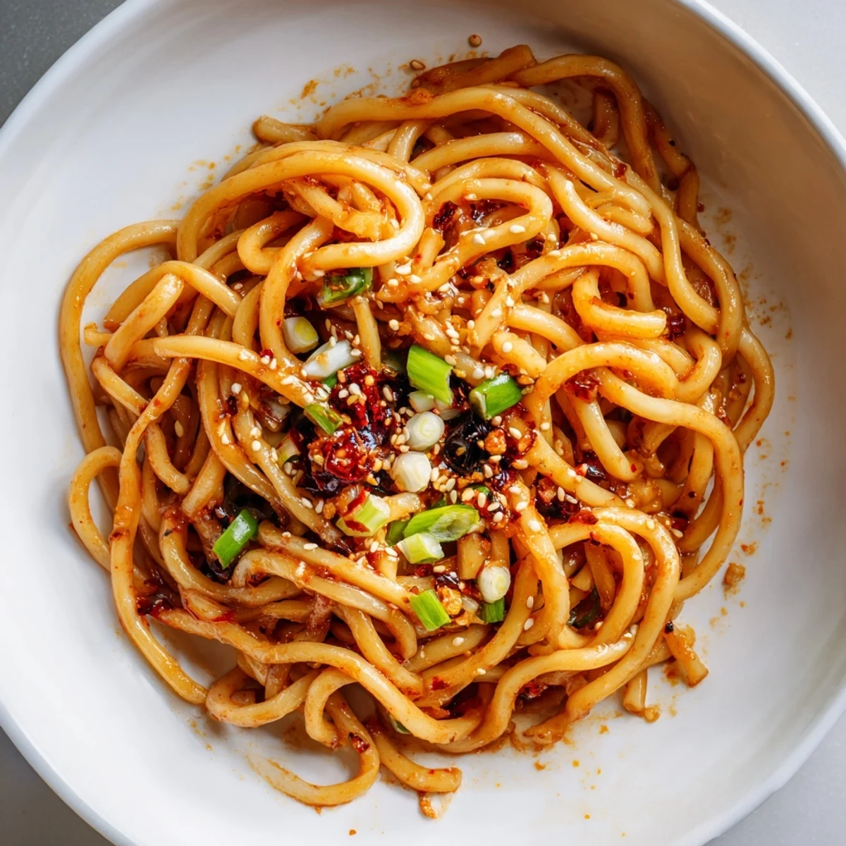 Steaming bowl of Garlic Chili Oil Noodles, a vibrant and flavorful main dish, ready to savor.