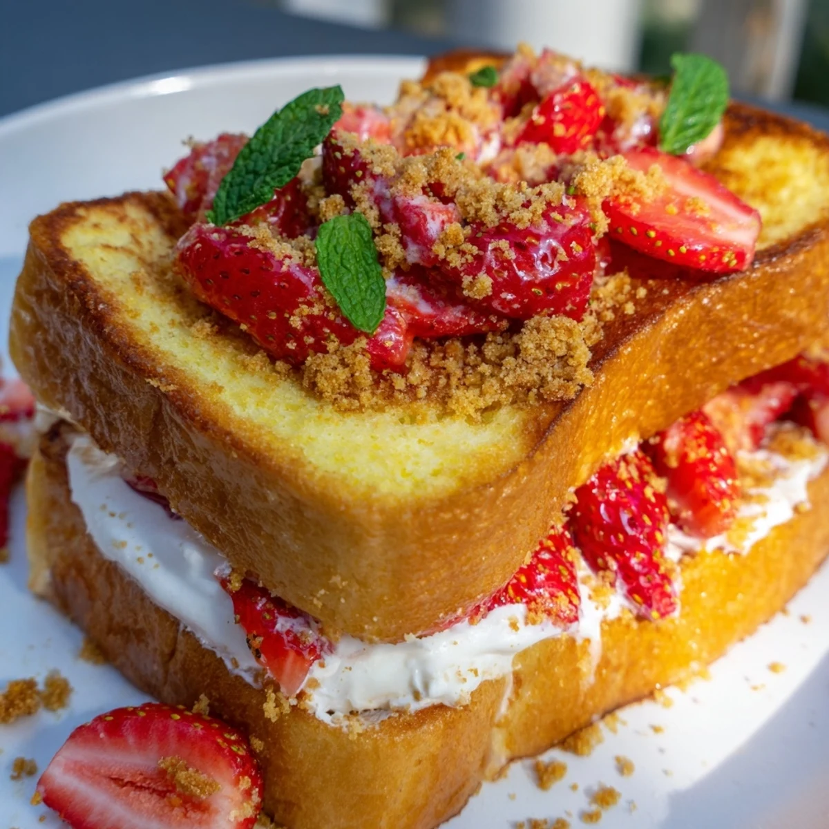 Strawberry cheesecake toast: creamy cheesecake spread on toasted bread topped with juicy strawberries.